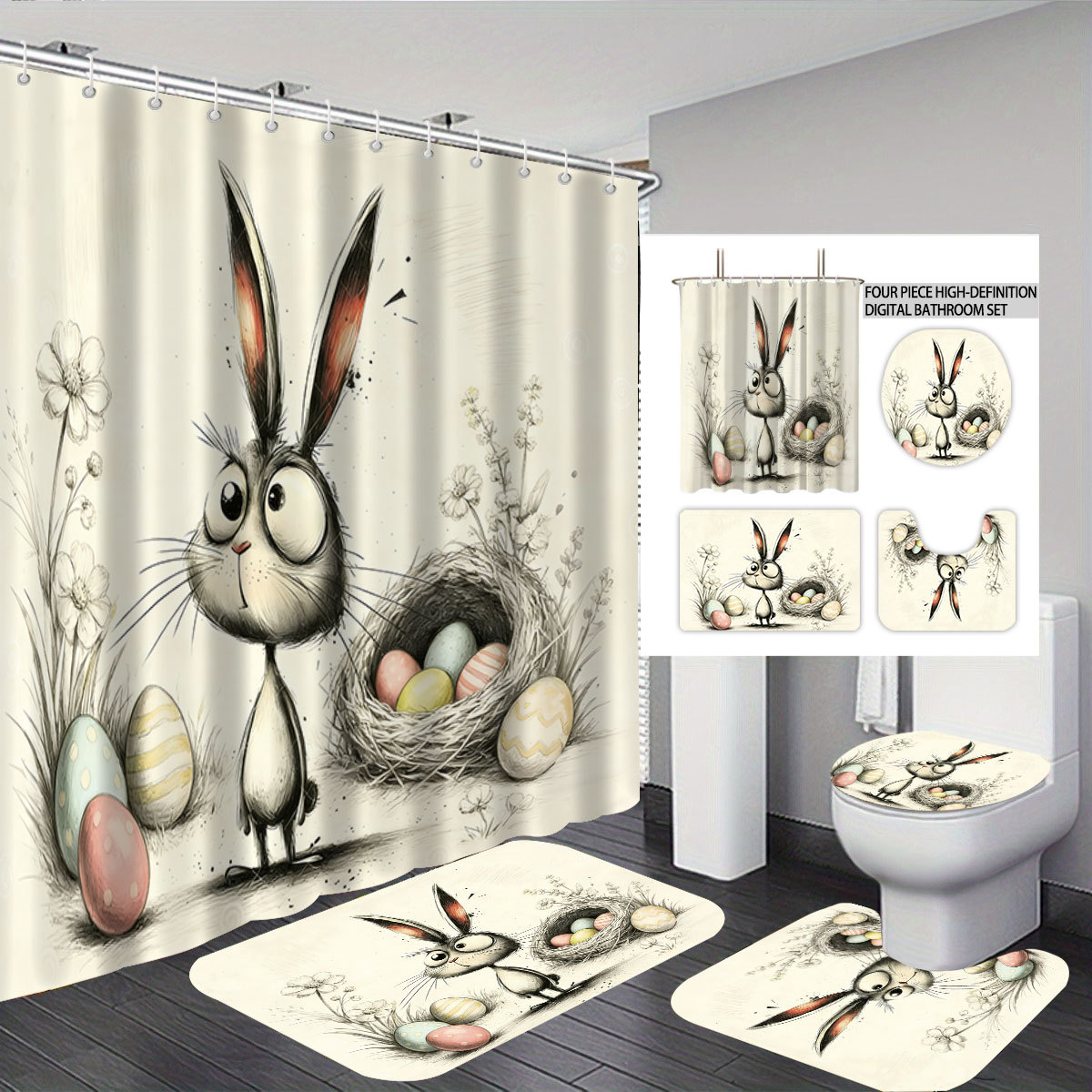 Tiktok poliéster cortina de baño impermeable conejo de Pascua sin perforación cortina de baño decoración cortina de baño cortina de cuatro piezas