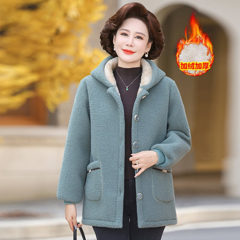 妈妈冬装颗粒绒连帽棉袄外套中长款时尚羊羔毛加厚保暖中老年棉衣|undefined