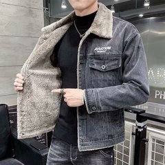 メンズデニムジャケット 秋冬 フリース裏地 厚手 アメリカンスタイル トレンドジャケット メンズ イケメン ラムウール混紡コットンジャケット クロスボーダー