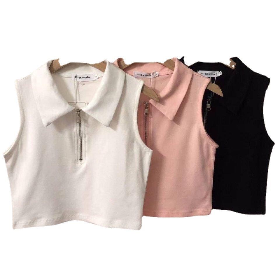 Verano de las niñas nuevo chaleco camisa de polo estilo coreano cremallera solapa moda corto chaleco sin mangas de color sólido de los niños moda