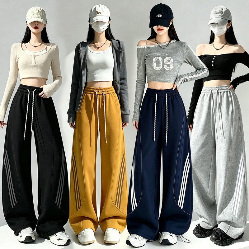 Wide-Leg Casual Pants for Women, Autumn and Winter Thickened Three-Stripe Drawstring Loose Sports Pants, High-Waisted Drapey Versatile Long Pants Wide-Leg Casual Pants for Women, Autumn and Winter Thickened Three-Stripe Drawstring Loose Sports Pants, High-Waisted Drapey Versatile Long Pants