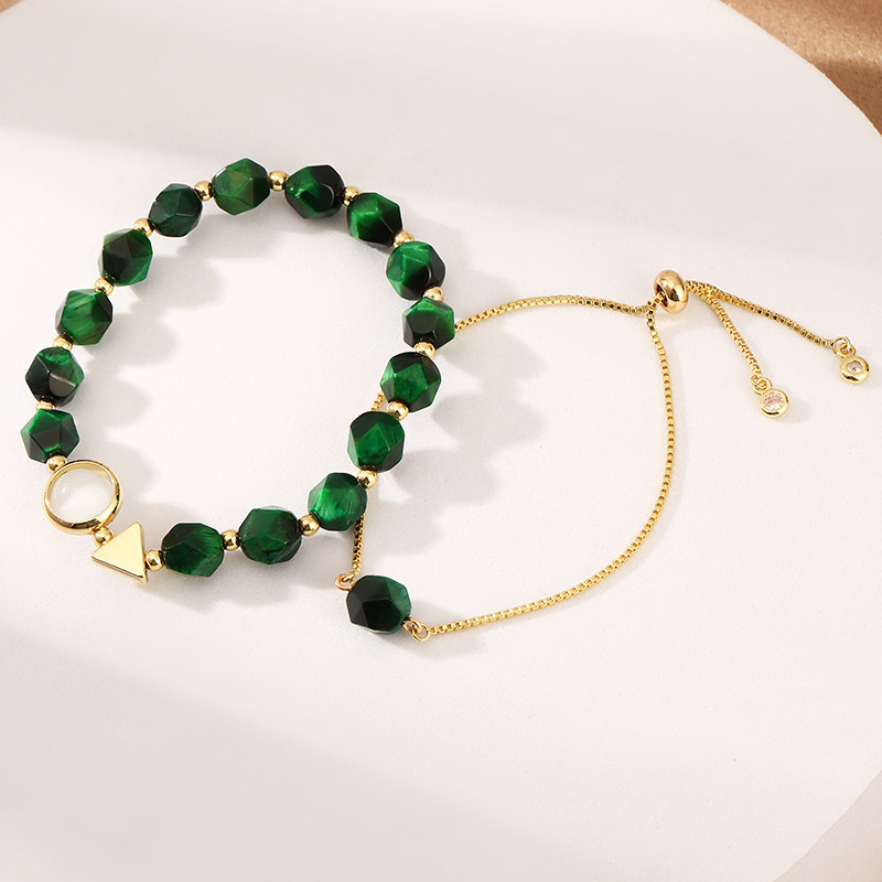 Green Gemstone Bracelet for Women, Adjustable Tiger Eye Stone Bracelet, 2-Piece Set Design Bracelet, Handmade Jade Cat's Eye Stone