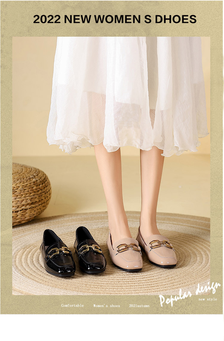 Άνοιξη και φθινόπωρο νέα φλατ παπούτσια γυναικεία κορεατική έκδοση λουστρίνι μαύρα μικρά δερμάτινα παπούτσια μόδας τετράγωνο δάχτυλο μεταλλική πόρπη παπούτσια Huidong χονδρική_voghion.com