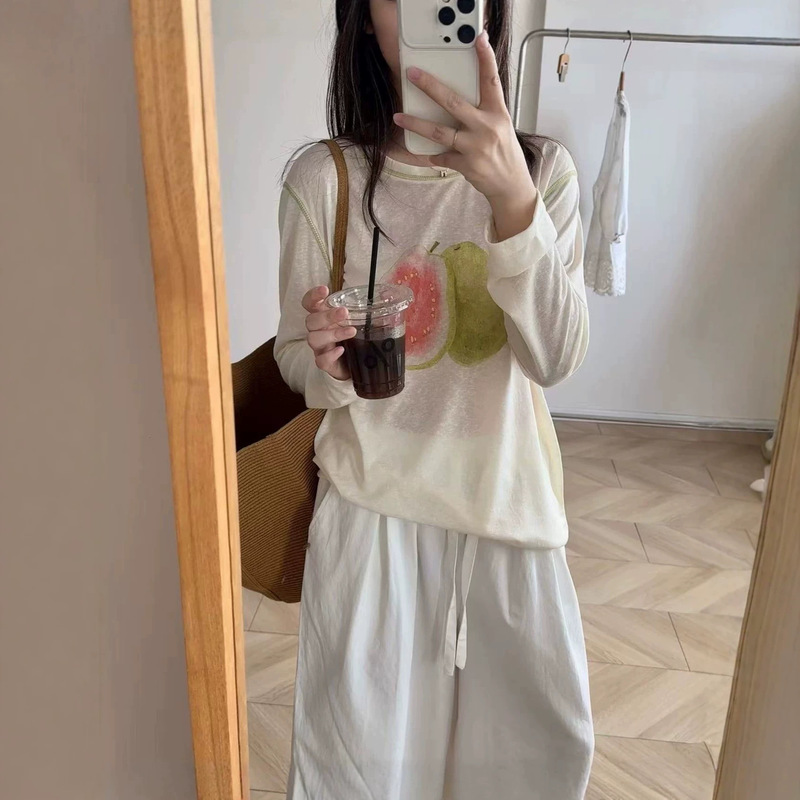 Korean-Style Fruit-Themed Lyocell Tencel Sun Protection Cover-Up T-Shirt with Floral, Strawberry, and Coconut Designs, Thin Air-Conditioning Long-Sleeve Top