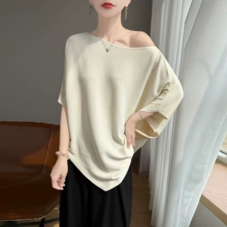 法式高级感一字领冰丝针织衫上衣女夏2026新款宽松薄款蝙蝠袖t恤