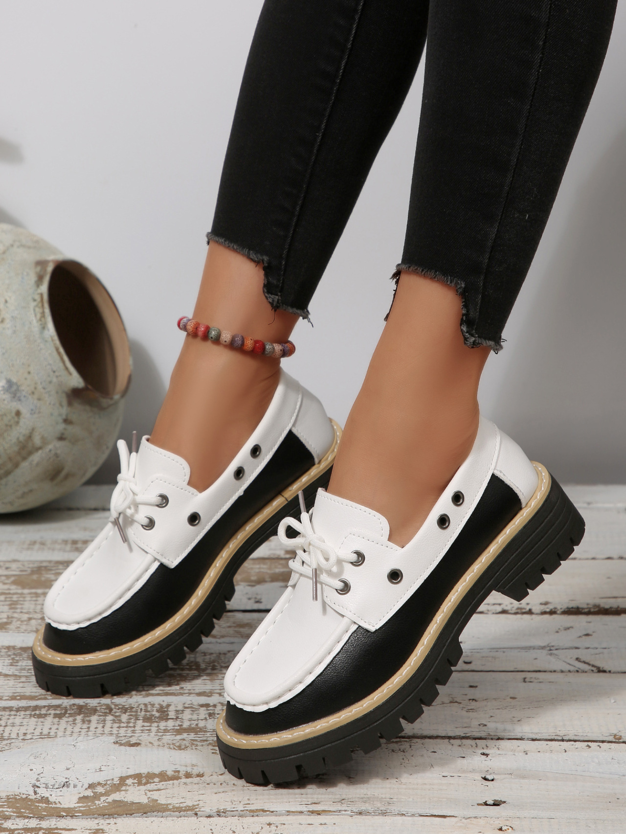 Women's Colour Block Loafers Lace Up Thick Sole Platform Shoes_voghion.com
