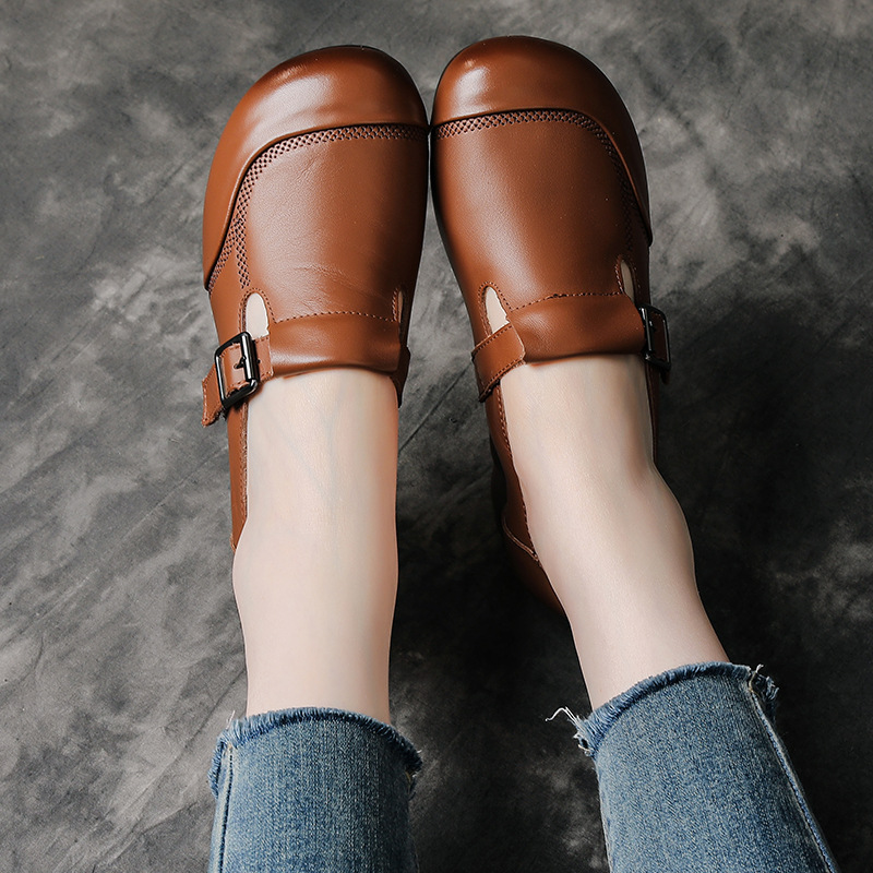 Top-layer Cowhide Mary Jane Spring And Autumn Style, Chunky Heel Single Simple Mid-heel Soft-soled Shoes, Versatile_vogvips.com