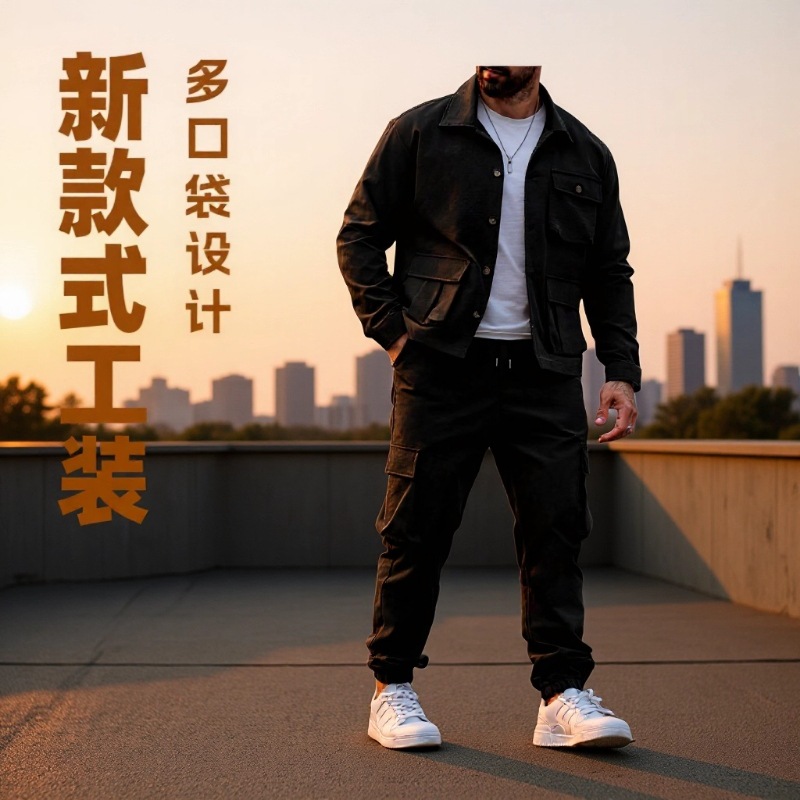 跨境新款男士工装裤休闲宽松束脚多口袋长裤
