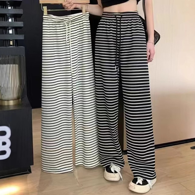 Ice Silk Threaded Wide-Leg Plaid Pants Spring and Summer Thin High Waist Slimming Hangting Casual Straight Pants for Women