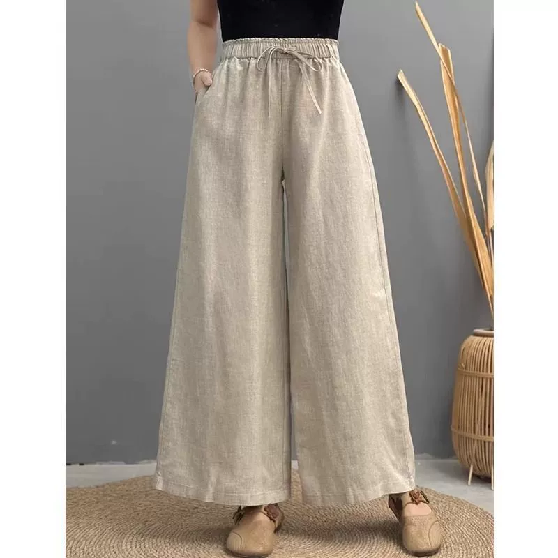 Повседневные широкие брюки для женщин, укороченные брюки из тонкого хлопка и льна, большие размеры, летние свободные утягивающие брюки с высокой талией на резинке.