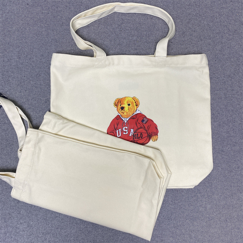Cross-Border Overseas Rl Bear Bag with Japanese and Korean Cartoon Pattern Print Shopping Tote Bag, Shoulder Tote Canvas Bag