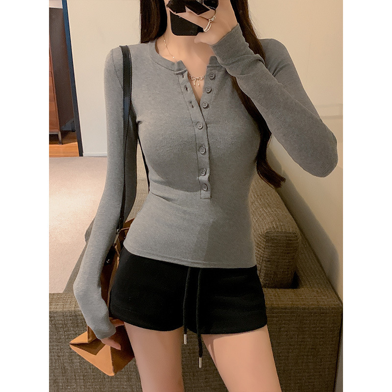Trendy Slim-Fit Long-Sleeve T-Shirt for Women 2025 New Spring and Autumn Base Shirt with Buttons, Flattering and Suitable for Students Trendy Slim-Fit Long-Sleeve T-Shirt for Women 2025 New Spring and Autumn Base Shirt with Buttons, Flattering and Suitable for Students
