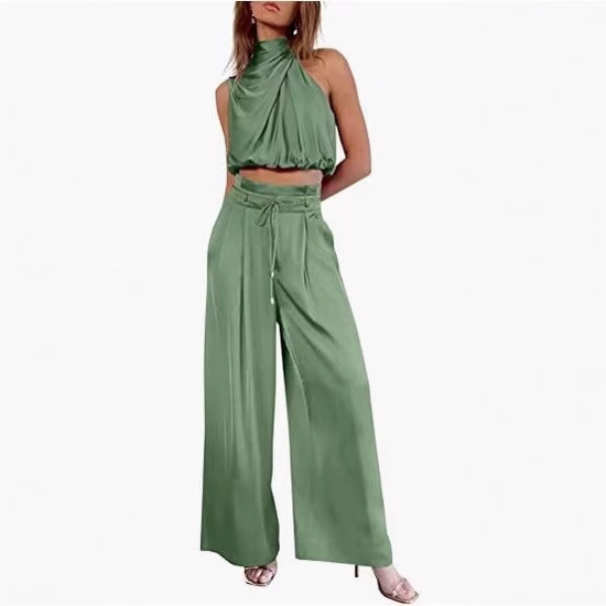 2024 New Cross-border E-commerce Women's Two-piece suit Summer Casual Sleeveless Collar Cropped Top Wide-leg Pants