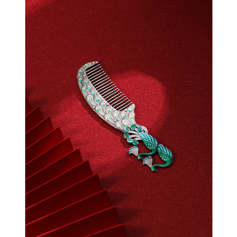 S999 plata esterlina peine del pelo de las mujeres hechas a mano del color del Pavo Real esmalte de plata pura peine cuidado de la salud raspado regalo para la Madre