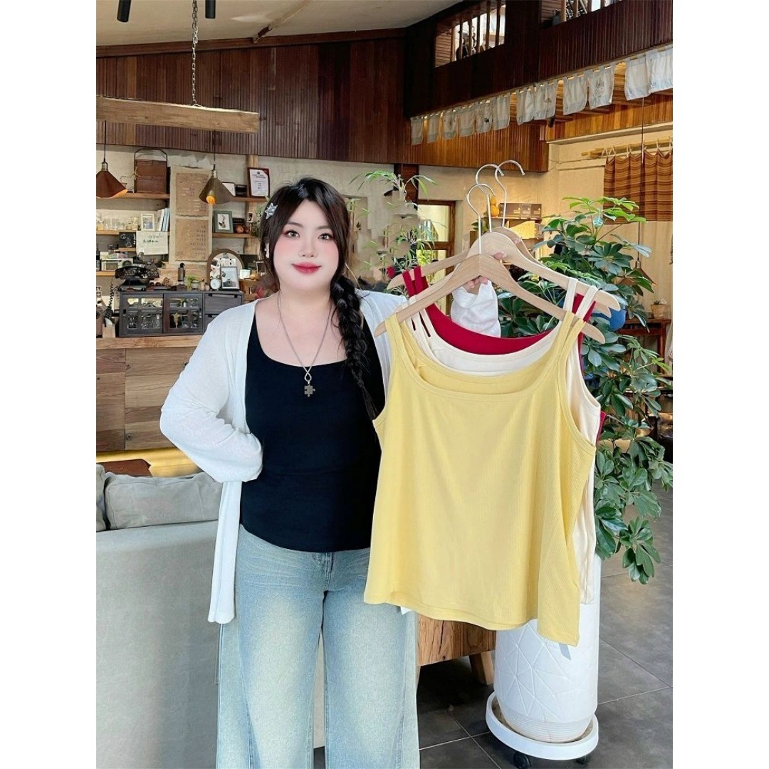 Summer New Solid Color Camisole for Plus-Size Women, Slimming Base Layer Tank Top, Large Size 150kg, Layered Sleeveless Shirt