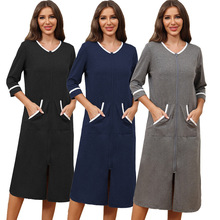 跨境欧美女式睡裙七分袖前中拉链棉撞色长袍拼接家居服睡衣女睡袍