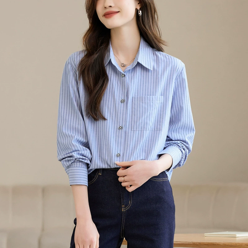 Простая мода синяя полосатая рубашка женская весна и осень новый внутренний топ