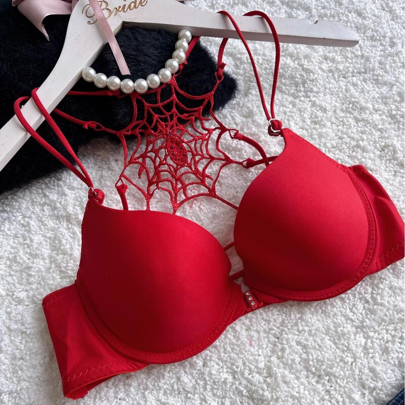 Front Buckle Beautiful Back Spider Web Bra Hanging Neck Lace Pure Desire Sexy Underwear Women's Thin Belt Cross Gathering Sling Outer Single