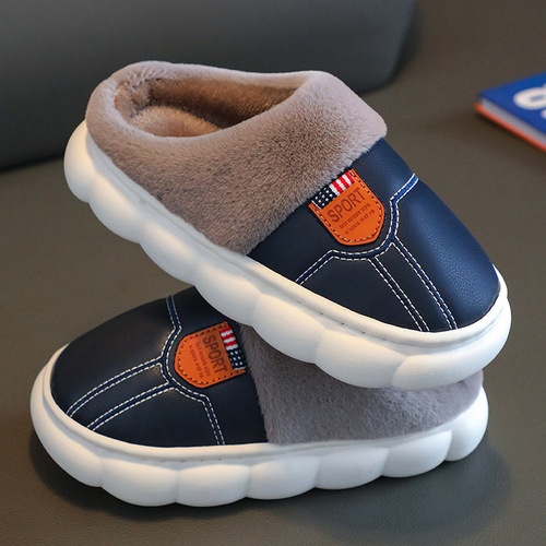 Children's Cotton Slippers PU Waterproof Soft Sole Anti-Slip Fleece Thickening Parent-Child Adult Couple Home Winter Warmth