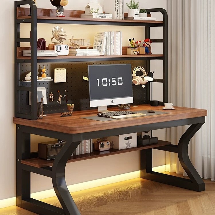 Solid wood desk with integrated bookshelf, student study desk, bedroom home desktop computer desk, perforated board gaming desk
