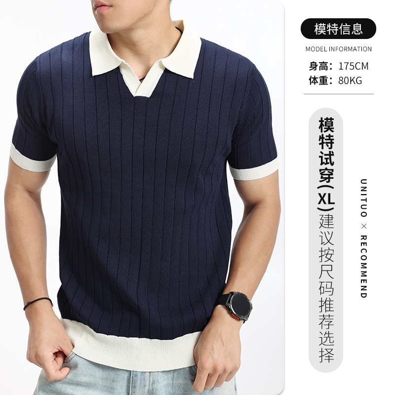 Europa y América cross-border pozo jersey polo hombre manga corta V-collar hielo seda de negocios casual alta sensación de ropa de hombre