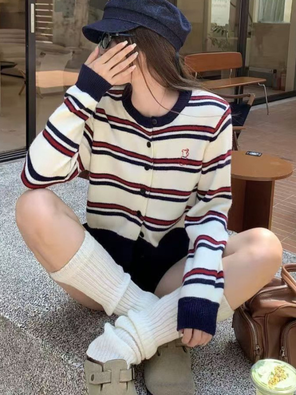 复古miu系小狗刺绣条纹针织开衫女秋季宽松慵懒减龄显瘦毛衣外套|undefined