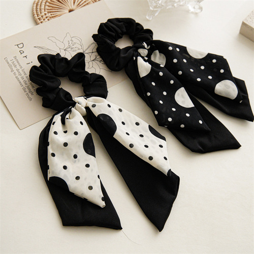 New black dotted double layer ponytail streamer large intestine hair tie female bow hair tie ins style headwear