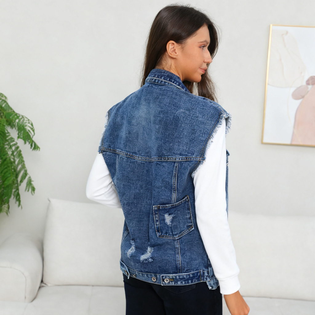 Trendy Women's Denim Vest, Mid-Length, Spring/Summer, Slim Fit, Ripped, Sleeveless, Outerwear