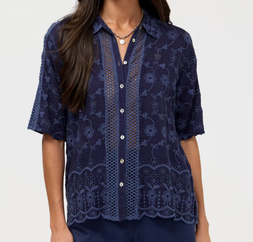 Verano Europa y América comercio exterior ropa de mujer lujosa camisa de encaje agujerada de estilo francés de mujer con solapa suelta de algodón de manga corta image 9