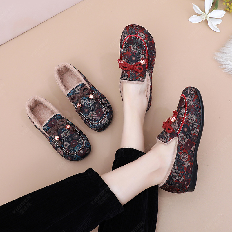 Winter New Style Plus Velvet, Skin-Friendly and Warm, Middle-Aged and Elderly Mothers' Shoes, Non-Slip Soft-Soled Cotton Shoes, One-Legged Cotton Shoes