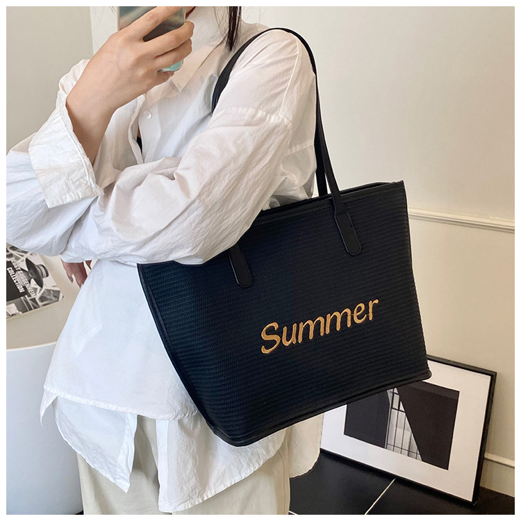 Straw woven letter large-capacity bag 2025 single-shoulder large bag for women, new beach woven summer Korean-style tote bag undefined