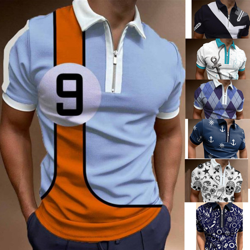 Camiseta Polo con Cierre de Solapa y Estampado Geométrico para Hombre, Estilo Europeo y Americano, Camiseta de Manga Corta de Verano para Hombre, Estilo Moderno Europeo y Americano 2025
