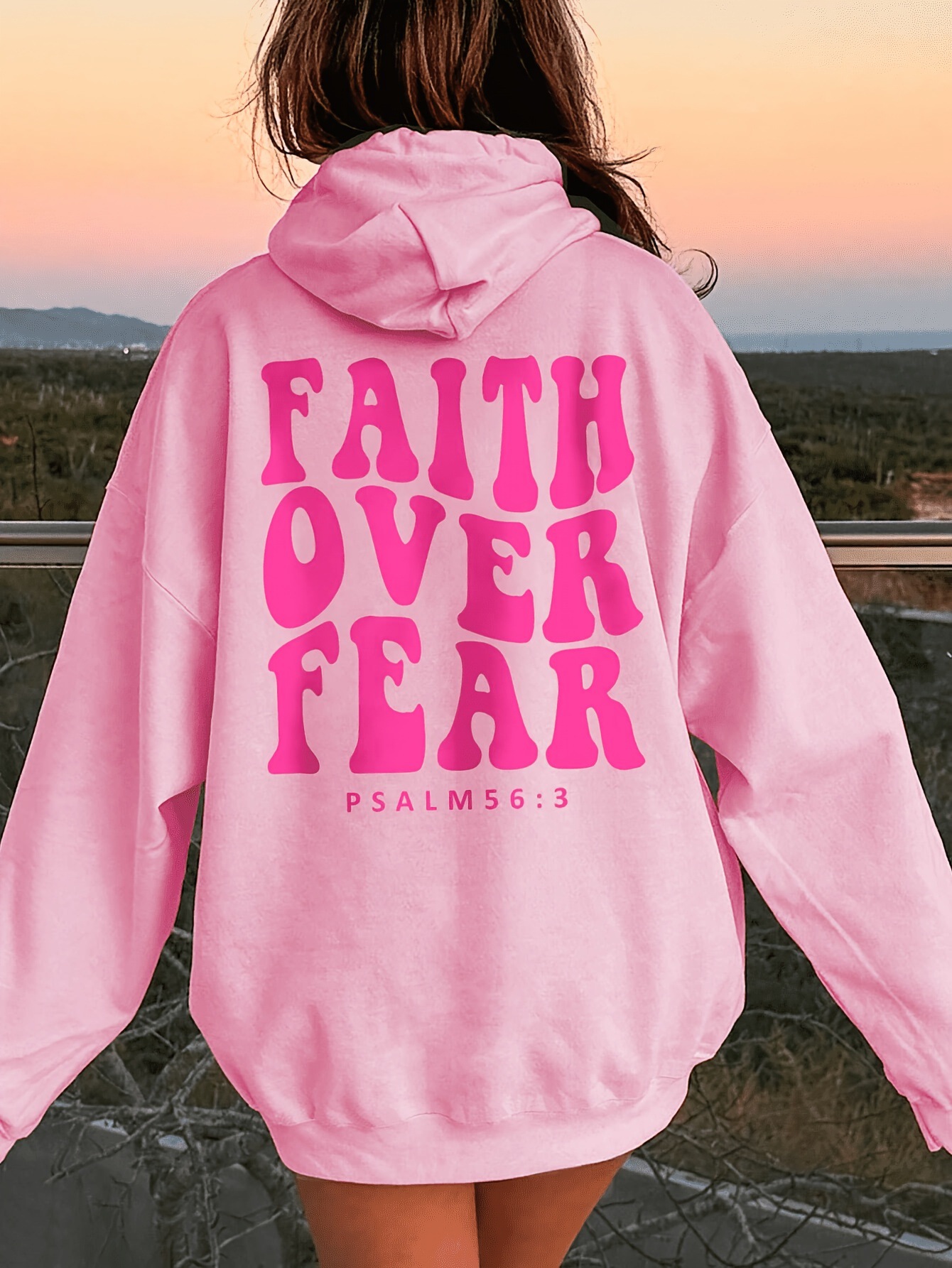 Ouma Faith Over Fear Printed Pocket Sweatshirt, Casual Long Sleeve Drawstring Hooded Sweatshirt_voghion.com