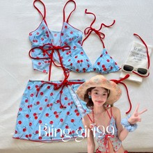 【甜茶】少女樱桃吊带四件套保守分体泳衣女比基尼小清新水上乐园
