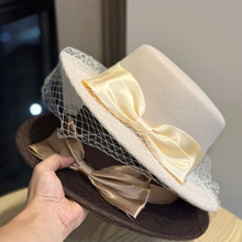 法式帽子女英伦名暖显脸小平檐晚宴礼帽秋冬季新款蝴蝶结爵士帽潮