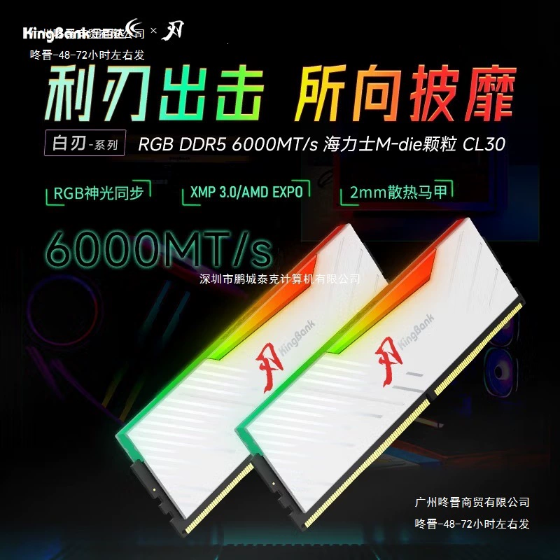 Оперативная память KINGBANK DDR5 6000 32GB (16GB×2), CL30, Hynix M-die, белая с RGB