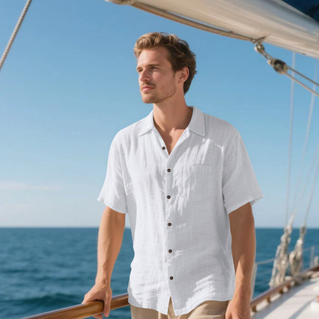 Cross-Border Men's Summer Linen Short-Sleeved Shirt Casual Breathable Cotton-Linen Button-Down Shirt Beach Loose Top