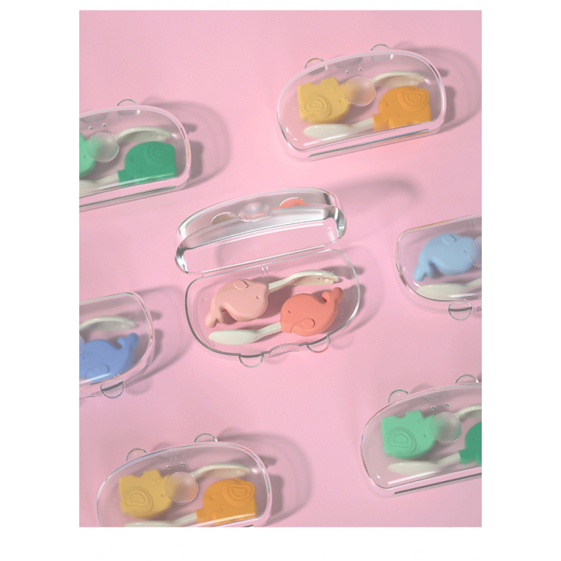 크리 에이 티브 아기 학습 식품 핥는 숟가락 훈련 숟가락 보완 식품 먹이 식기 아기 짧은 손잡이 실리콘 스푼과 포크 세트