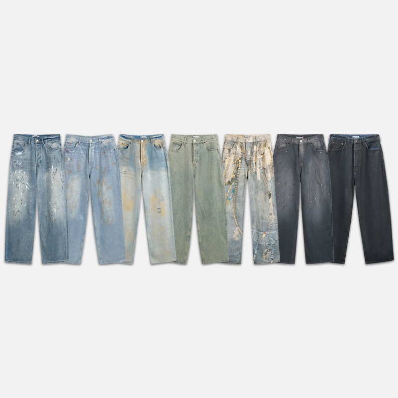 Cross-Border Trendy Brand Ac Hand-Painted Splashed Ink Frayed Washed Distressed Pants for Men and Women Loose and Versatile Accessible Luxury Wide-Leg Jeans