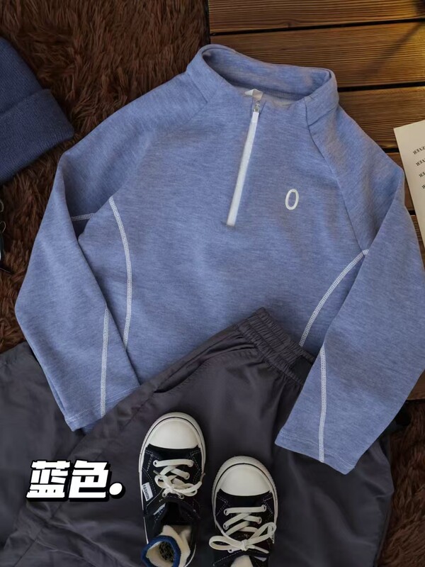 秋季新款男女童打底衫 中大童撞色明线拼接半拉链立领长袖糯糯衣|undefined