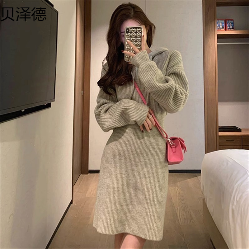Grey Knitted Sweater dress Women's Autumn and Winter Petite French-style Tight Waist Slimming Hooded Sweater Skirt