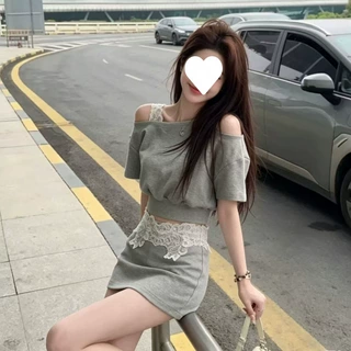 韩系斜肩辣妹拼接短袖上衣半身裙两件套女2025夏季新款时尚套装潮