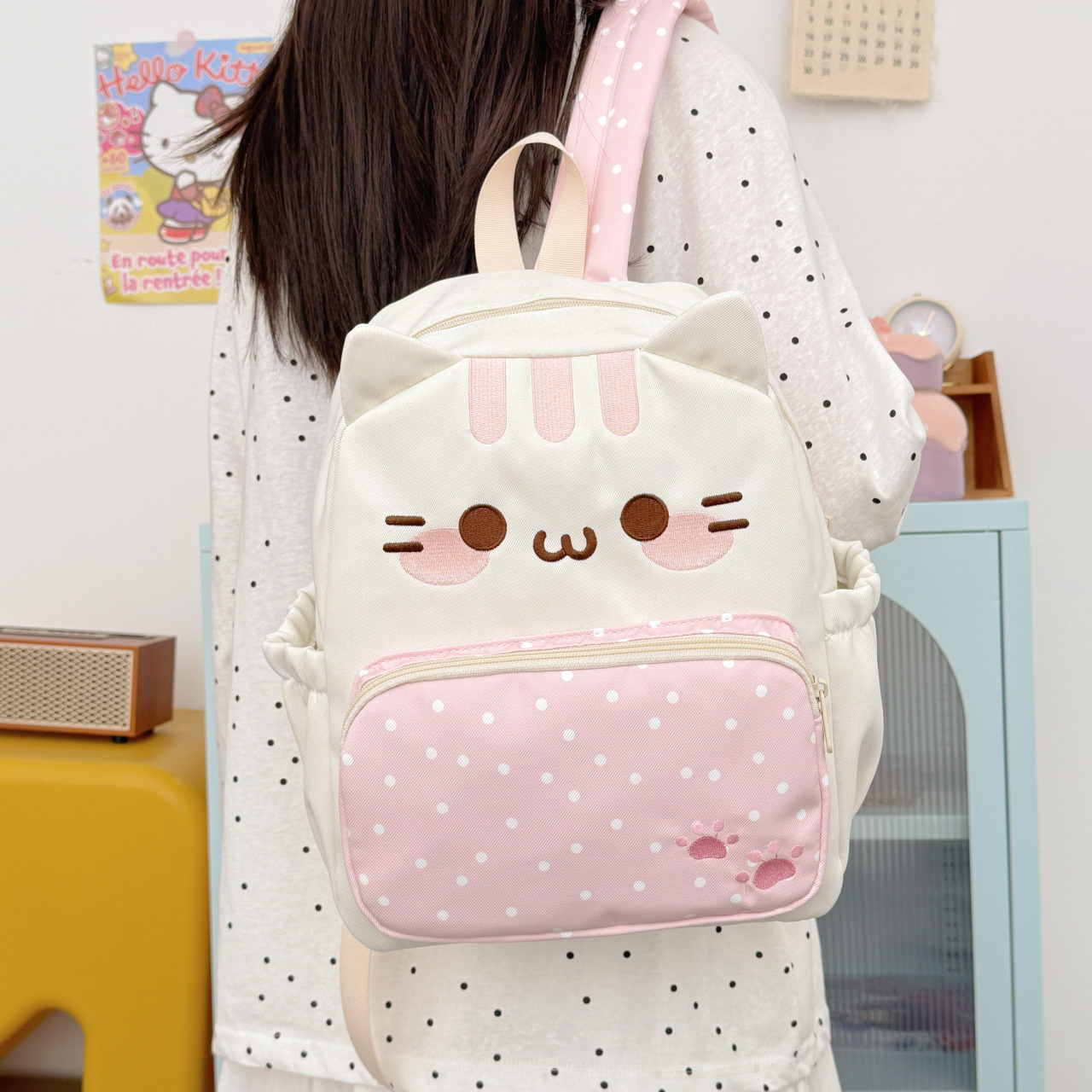 Children's Japanese-Style Cartoon Cat Backpack for Girls, Unique Design, Cute Polka Dot Student School Bag, Large Capacity Backpack