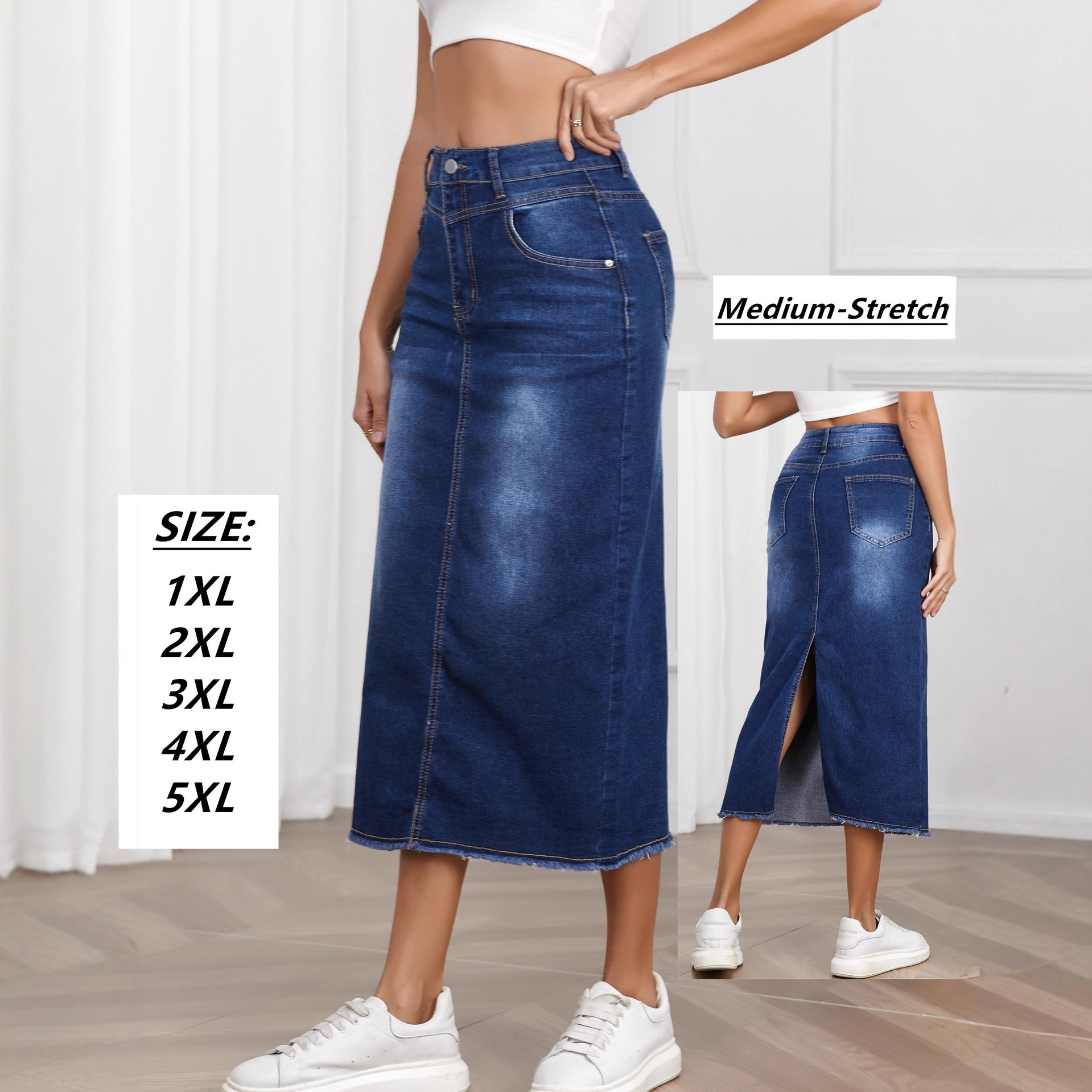 Cross-Border Plus Size Slim Fit Slit Large Size Deep Denim Cross-Border Elastic Popular Stock Denim Long Skirt for Girls