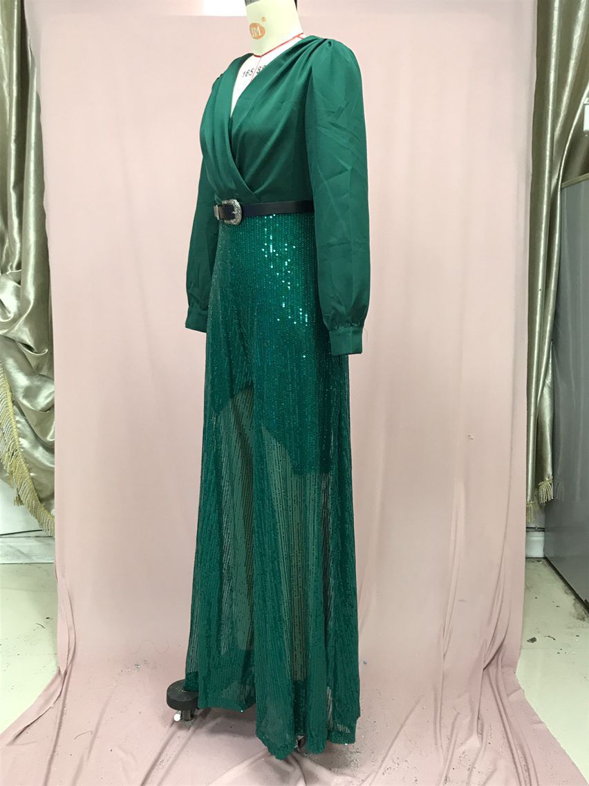 Elegant Women's Jumpsuit With Sequin Detail And V-neck Design_voghion.com