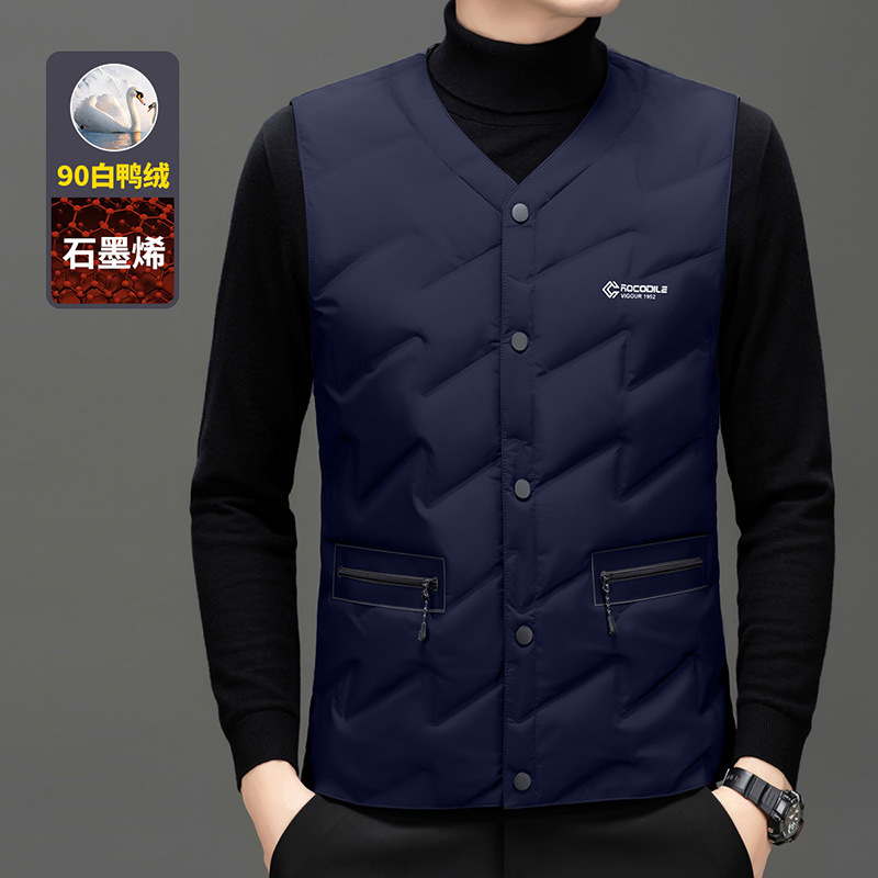 가을과 겨울 새로운 고급 남성 다운 조끼 패션 캐주얼 싱글 브레스트 민소매 양복 조끼 따뜻한 화이트 오리 다운 조끼