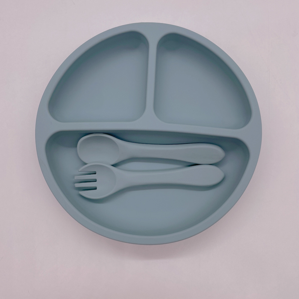 흡입 컵 실리콘 포크 스푼 (컬러 박스) 없이 회색 파란색