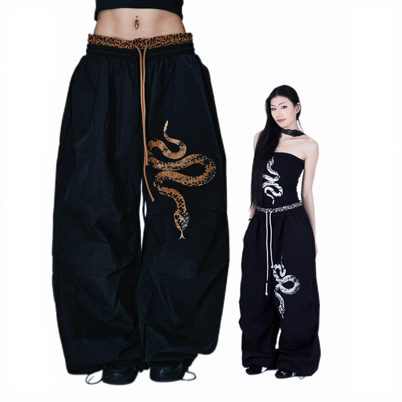 American-Style Leopard Print Black Gold Snake Scimitar Paratrooper Pants for Women, Summer Trendy Brand, Stylish Wide-Leg Pants, Jazz Dance Sports Long Pants