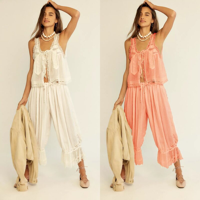 European and American Cross-Border Aliexpress Amazon Two-Piece Women's Nine-Point Pants Spliced Lace Vest Y2K Casual Suit