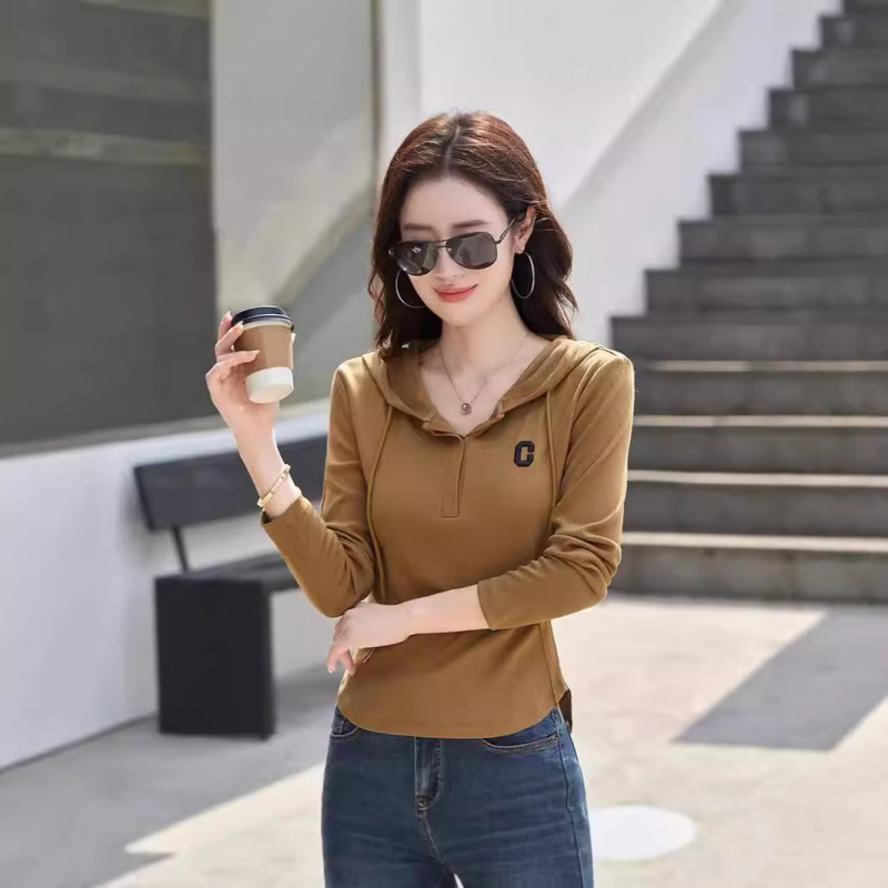 Internet Celebrity Simple Hooded Embroidery Joker Korean Slim Fit Cotton Top Elegant Top Women's Wear 270-1